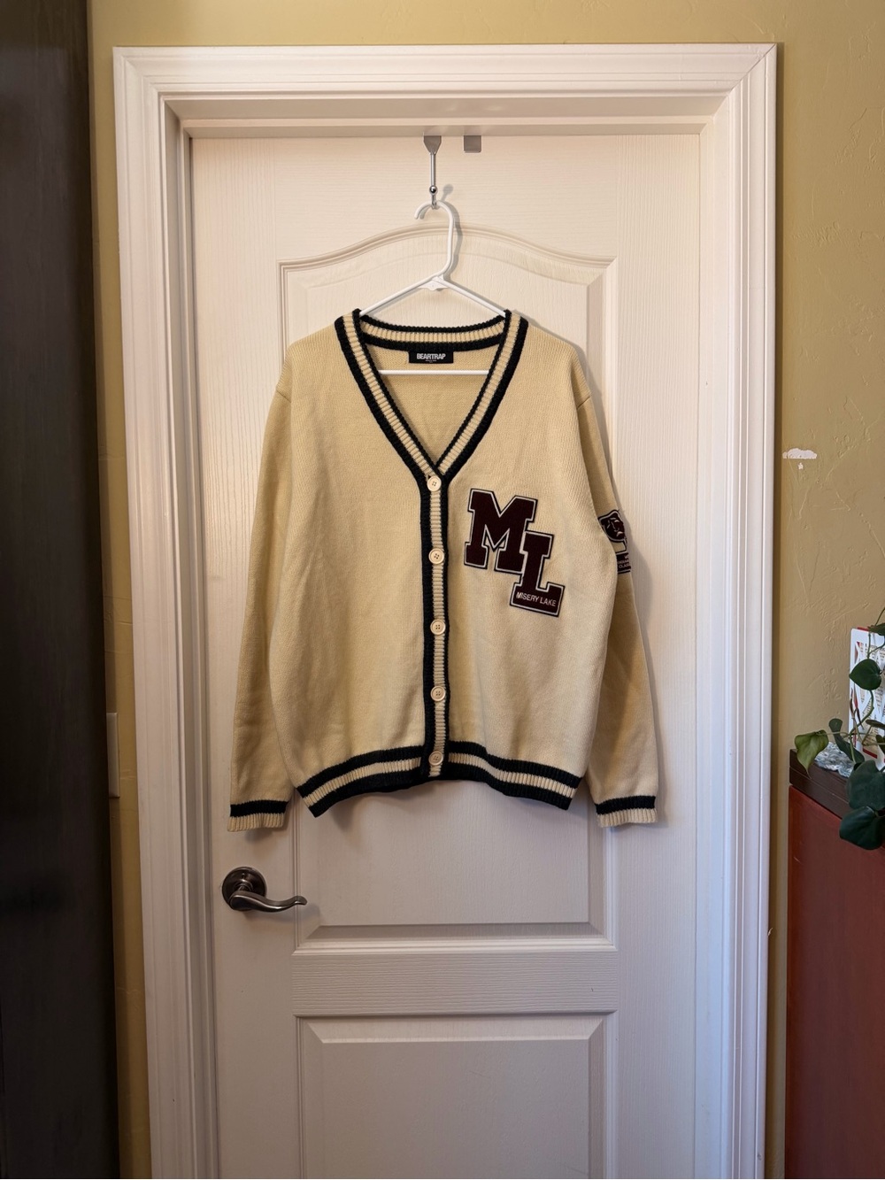 BLACK BEAR Misery Lake Applique Cream V-Neck Cardigan Sweater